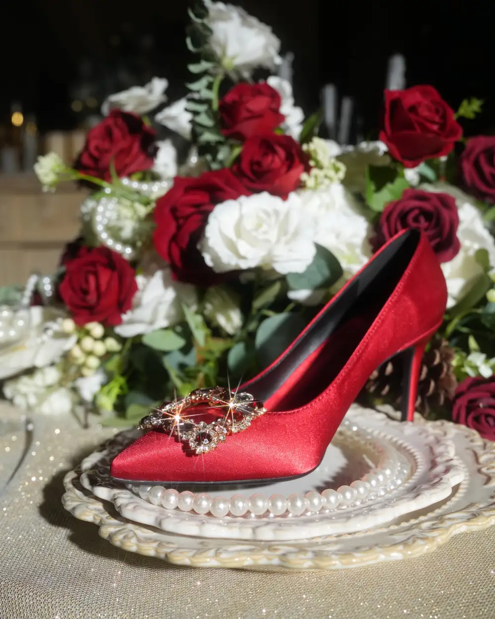 Rhinestone Buckle Satin Pumps in Red