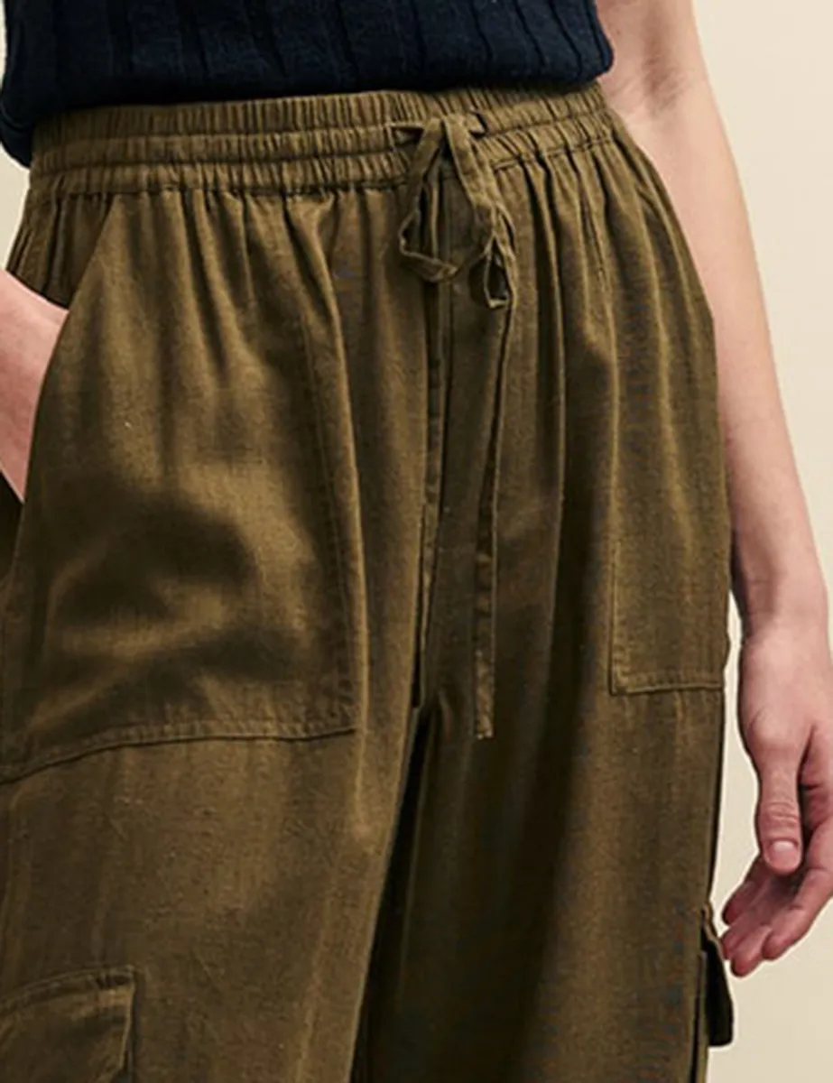 Khaki Green Linen-blend Wide Leg Utility Trousers