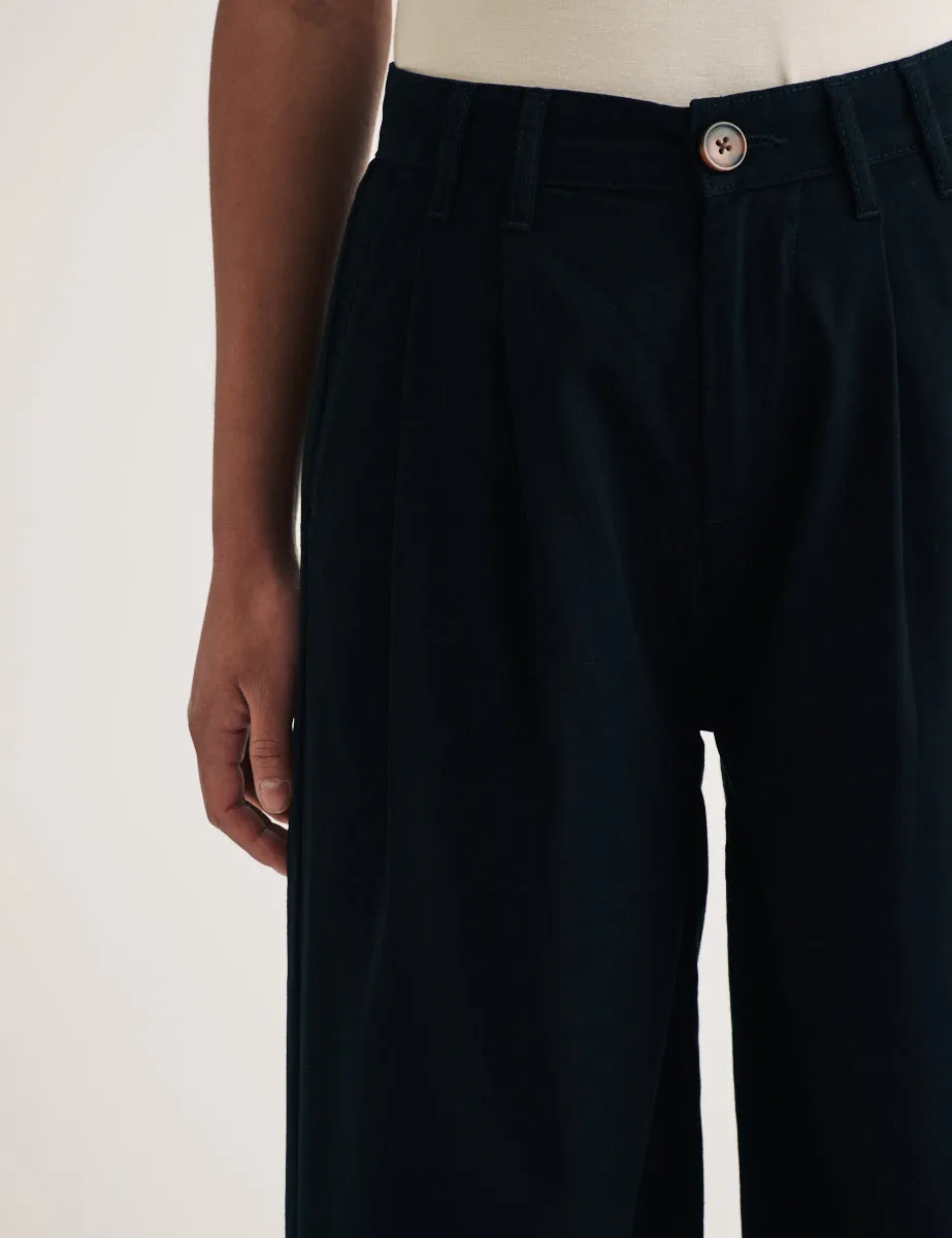 Black Twill Pleated Wide Leg Trousers