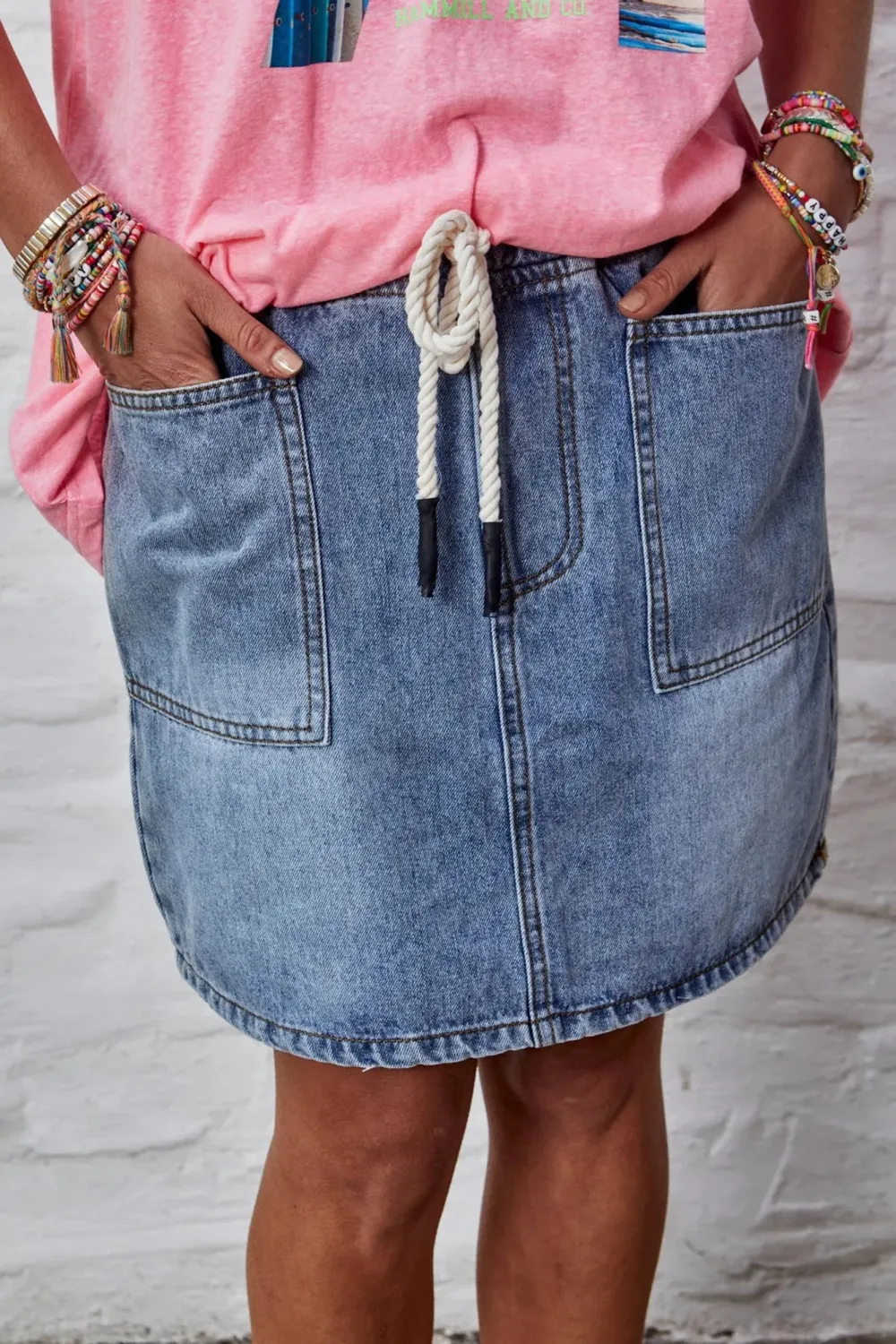 Classic Versatile Blue Drawstring Denim Skirt