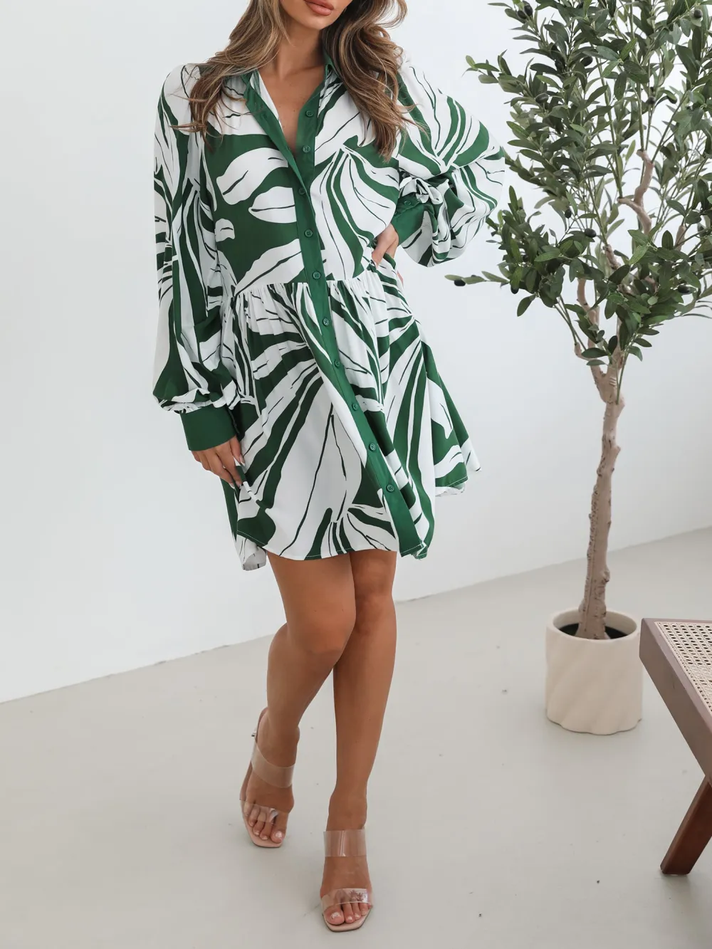 Long Sleeve Green Print Dress