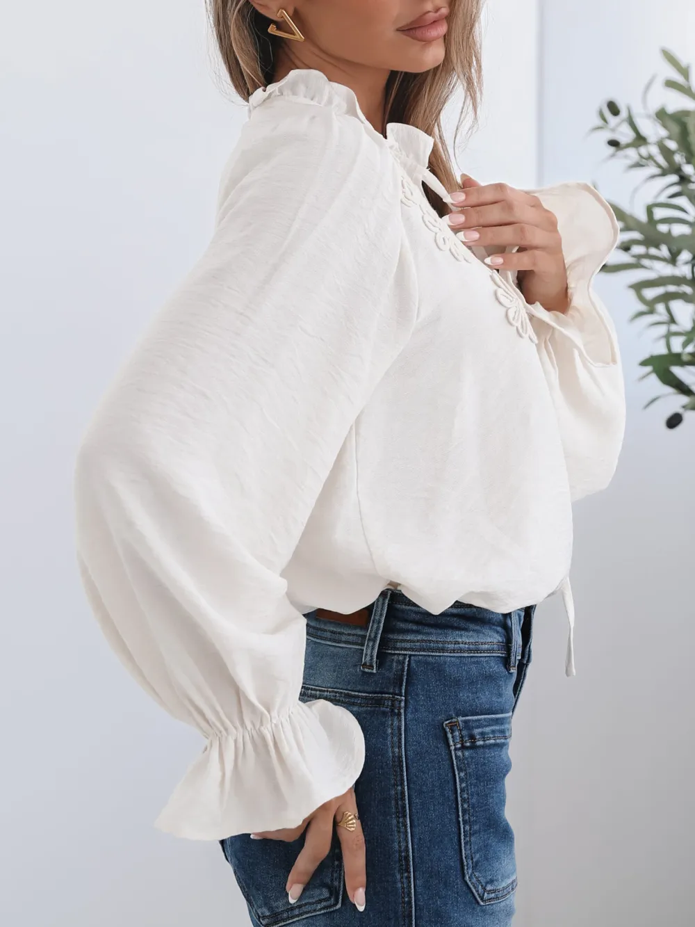 Long Sleeve Casual Style Cream Blouse