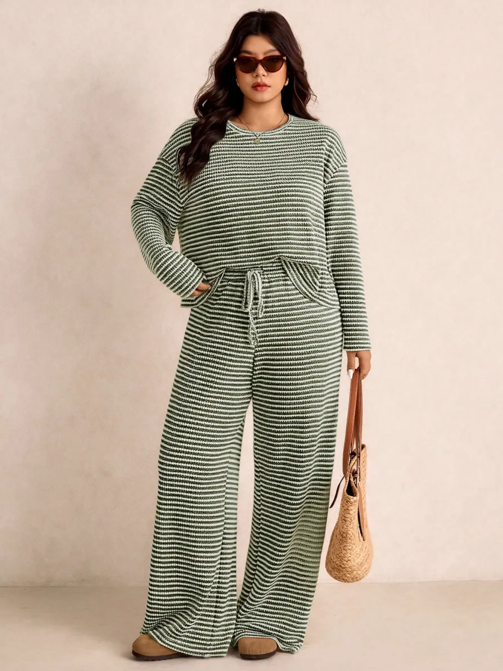 Women's Plus Size Loose Striped Long Sleeve 2pc Set