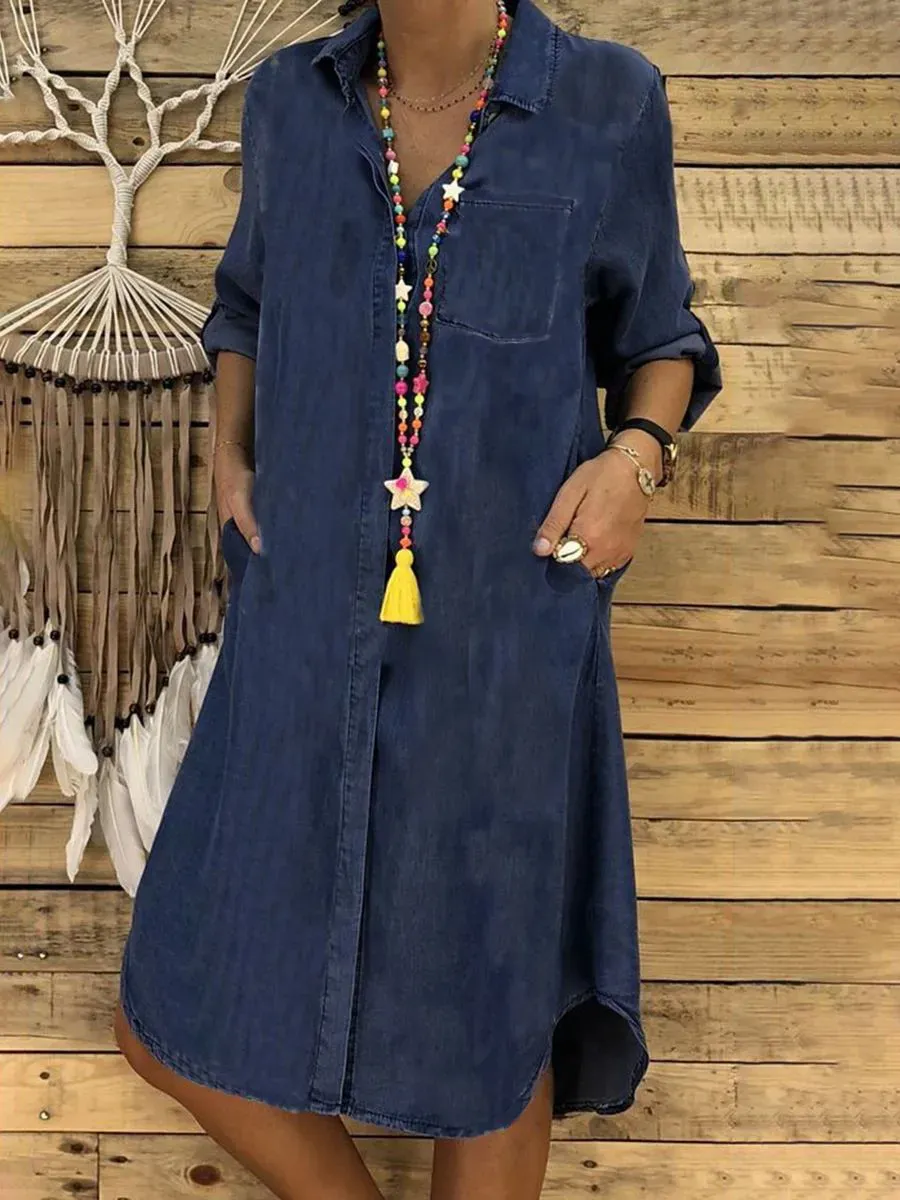 Casual Lapel Solid Denim Dress