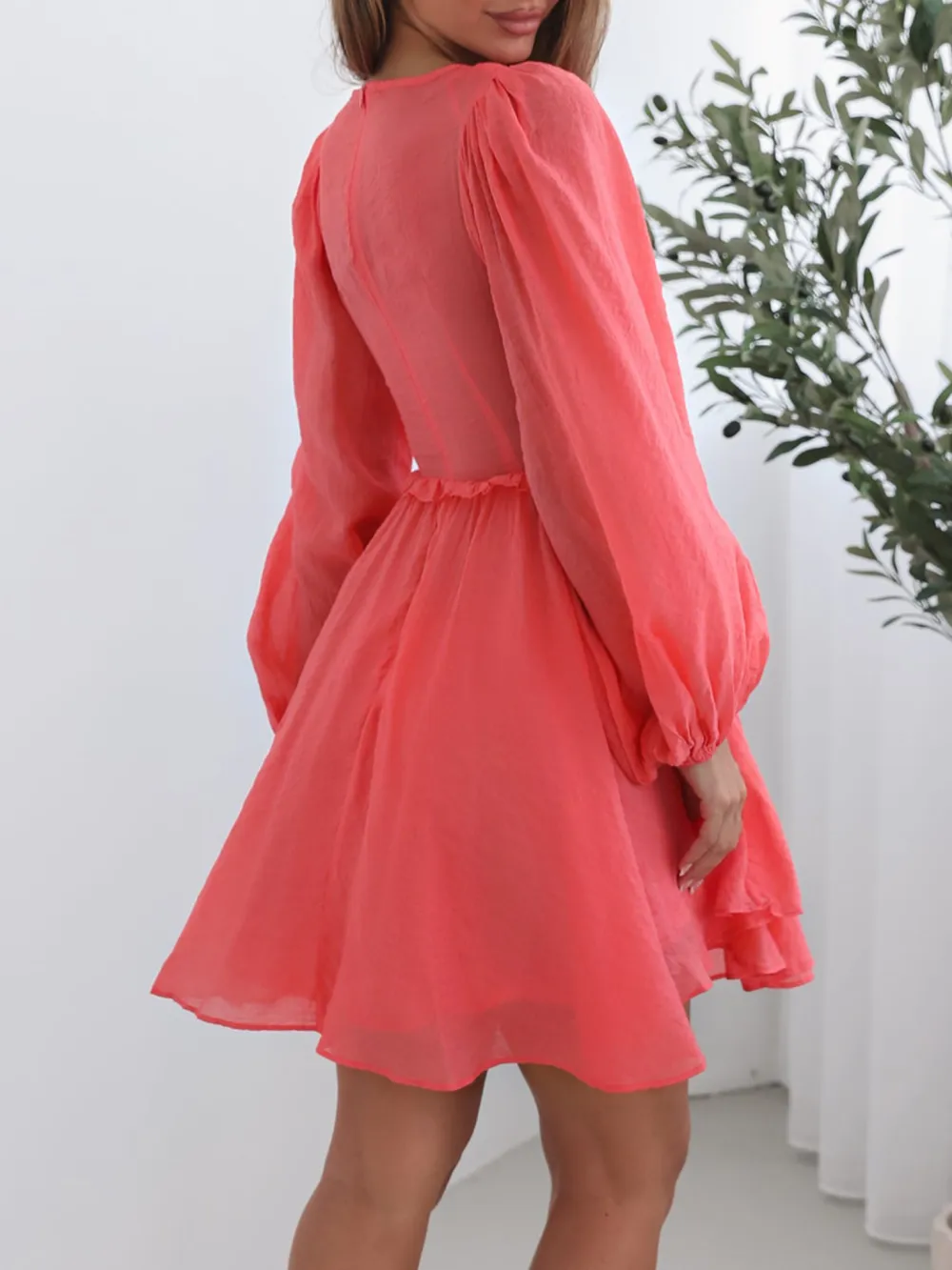Coral Long Sleeve Casual Style Dress