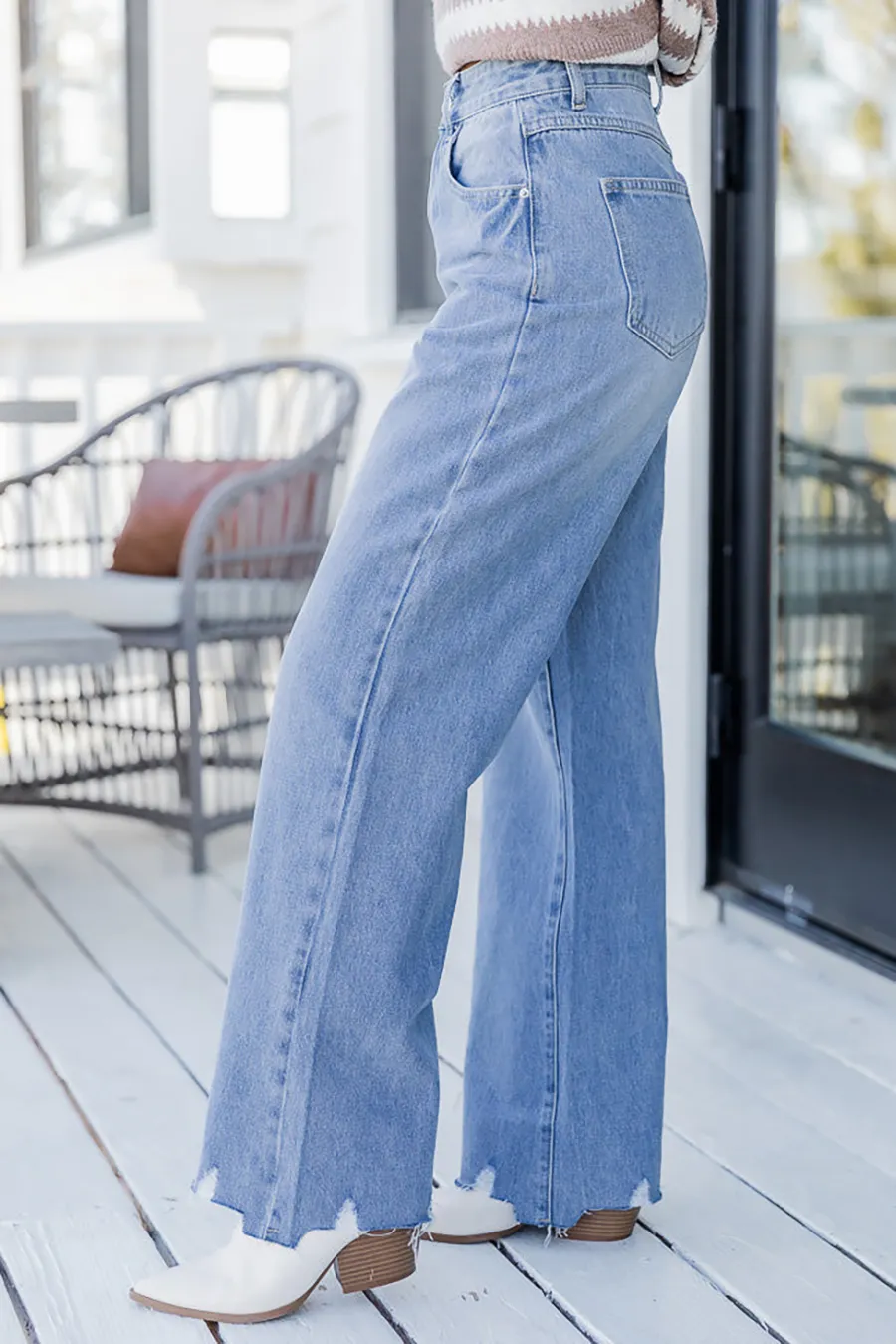 High Rise Light Wash Raw Hem Flare Jeans