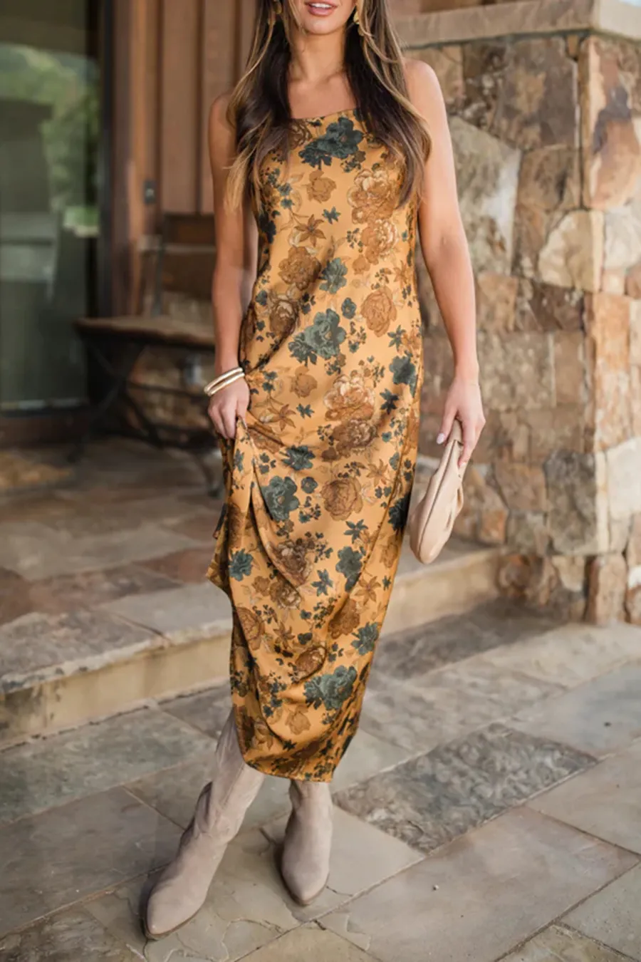 Mustard and Teal Satin Printed Slip Dress