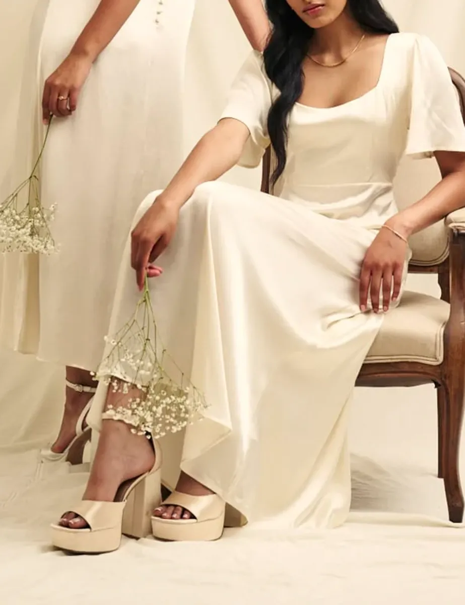 Ivory Satin Square Neck Maxi Dress