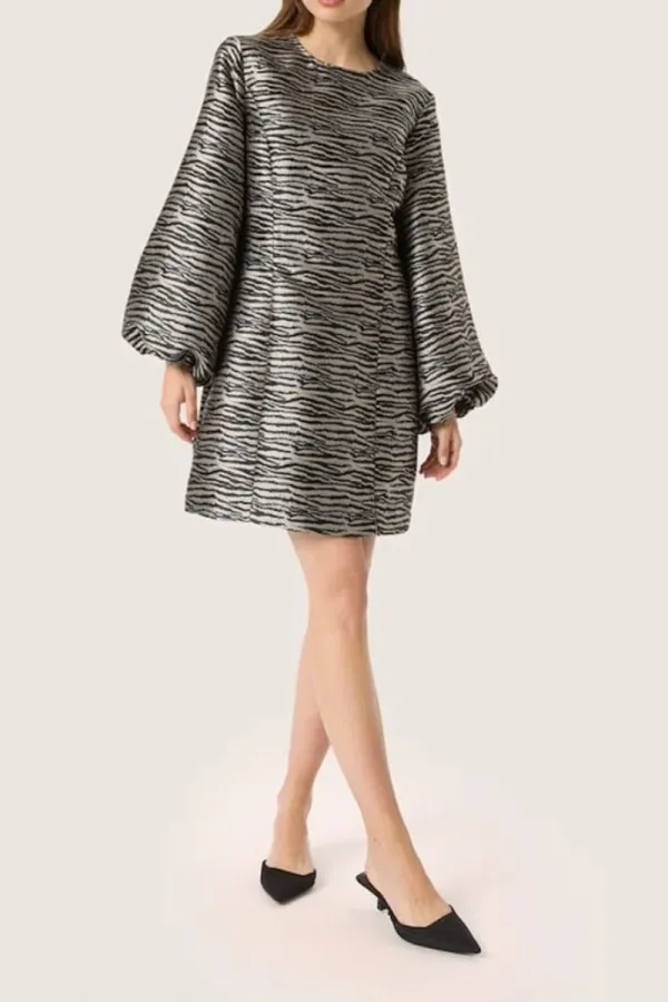 Balloon Sleeve Textured Print Dresses