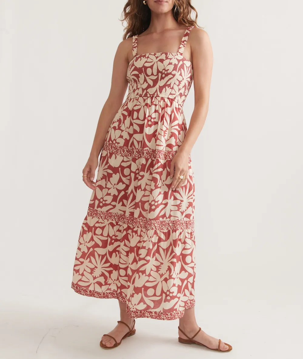 Auburn Leaf Print Tiered Maxi Dress