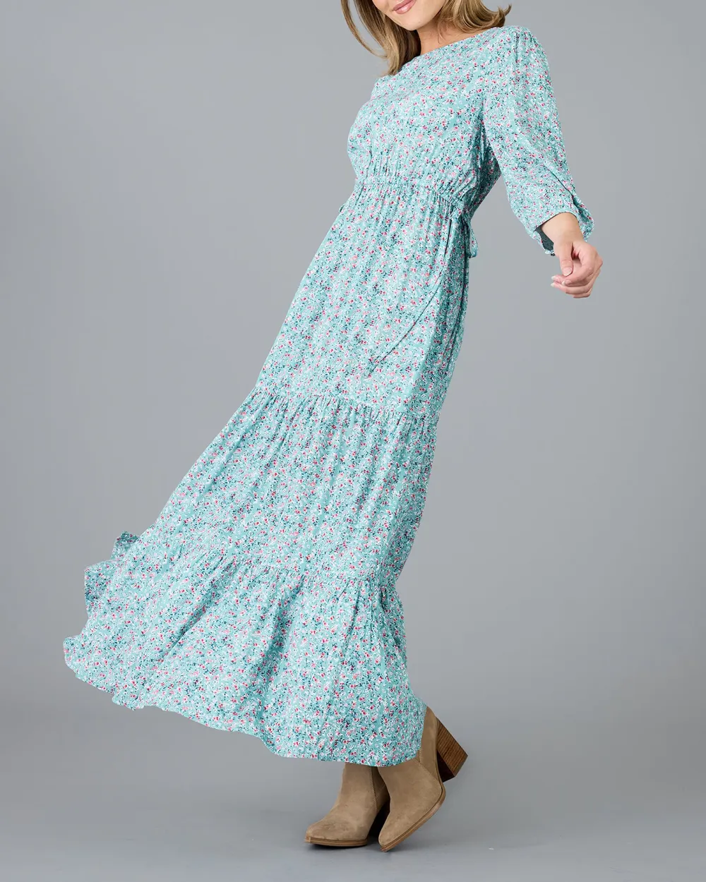 Blue Floral Print Tiered Maxi Dress