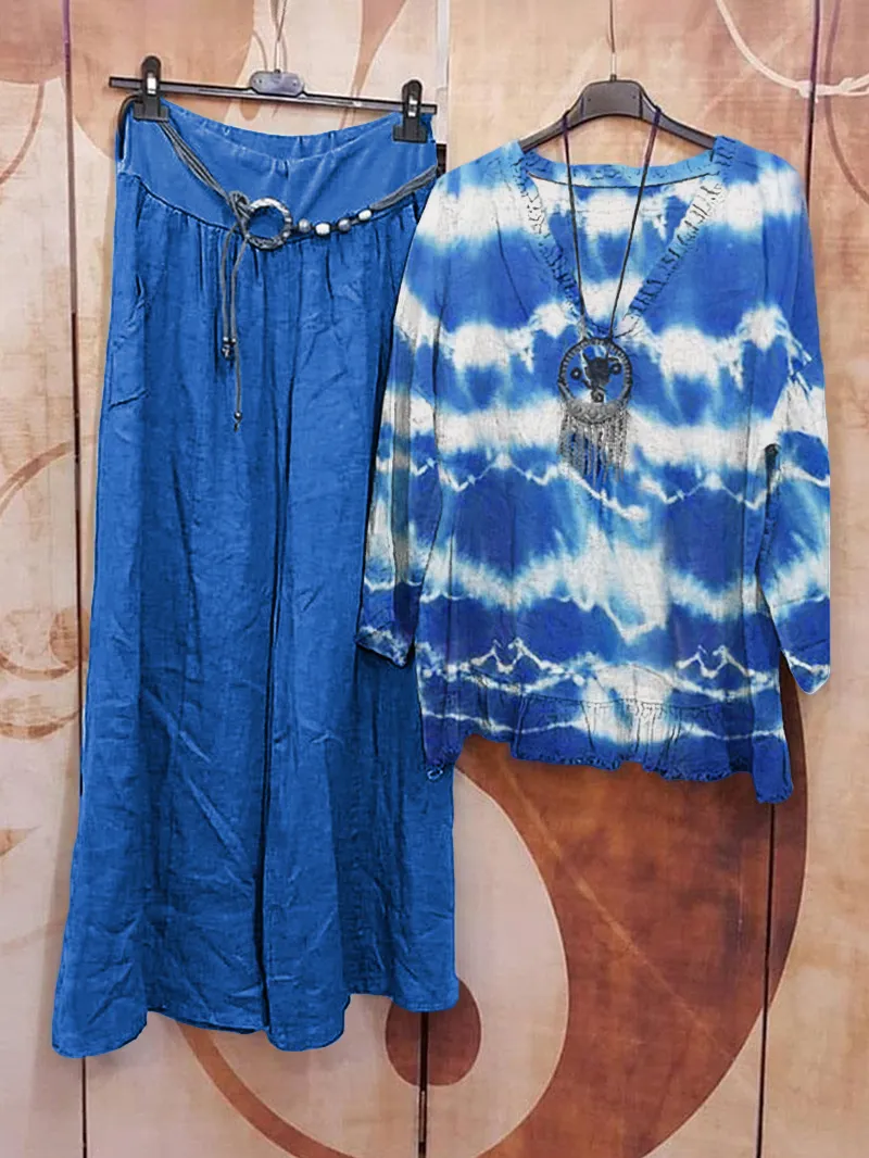 Women's tie dyed cotton and linen pants set, two-piece set