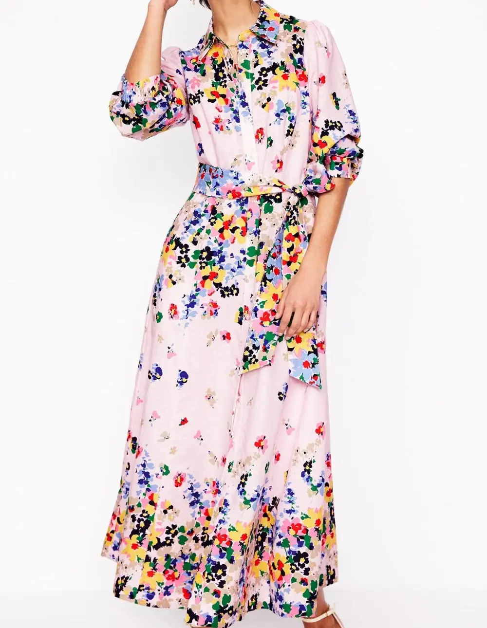 Pink and White Floral Long - Sleeve Maxi Dress
