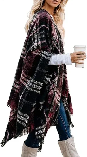 🎁Christmas Gifts🎁Women's Warm Plaid Poncho - Boho Open Front Shawl Wrap with Tassel
