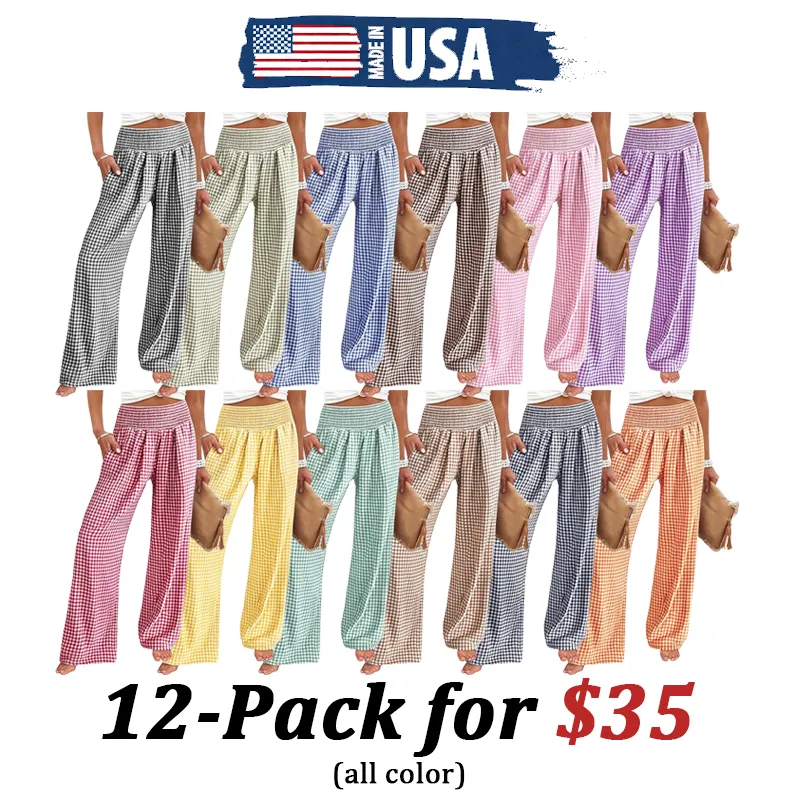 Women's High Waisted Plaid Wide Leg Pants - Lounge Pajama with Pockets