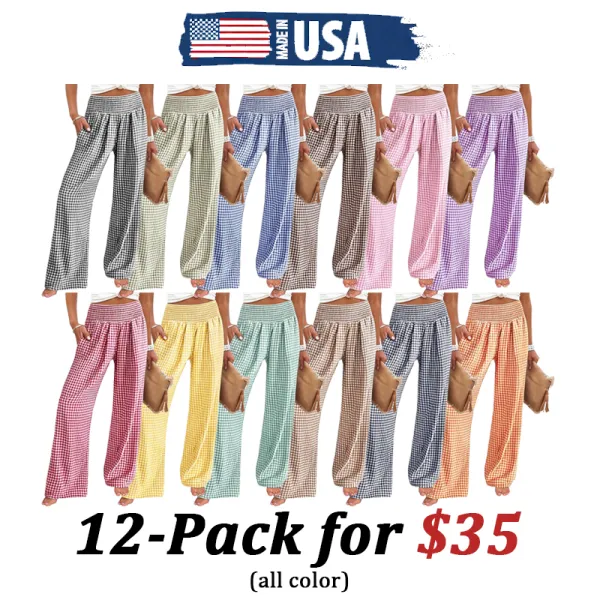 Women's High Waisted Plaid Wide Leg Pants - Lounge Pajama with Pockets