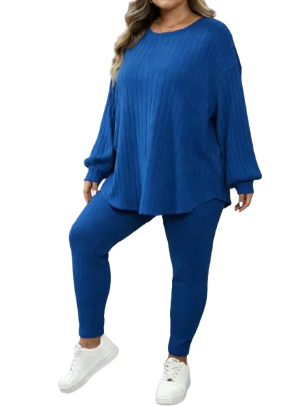 Plus Size Women's Autumn-Winter Ribbed 2pc Drop Shoulder Set