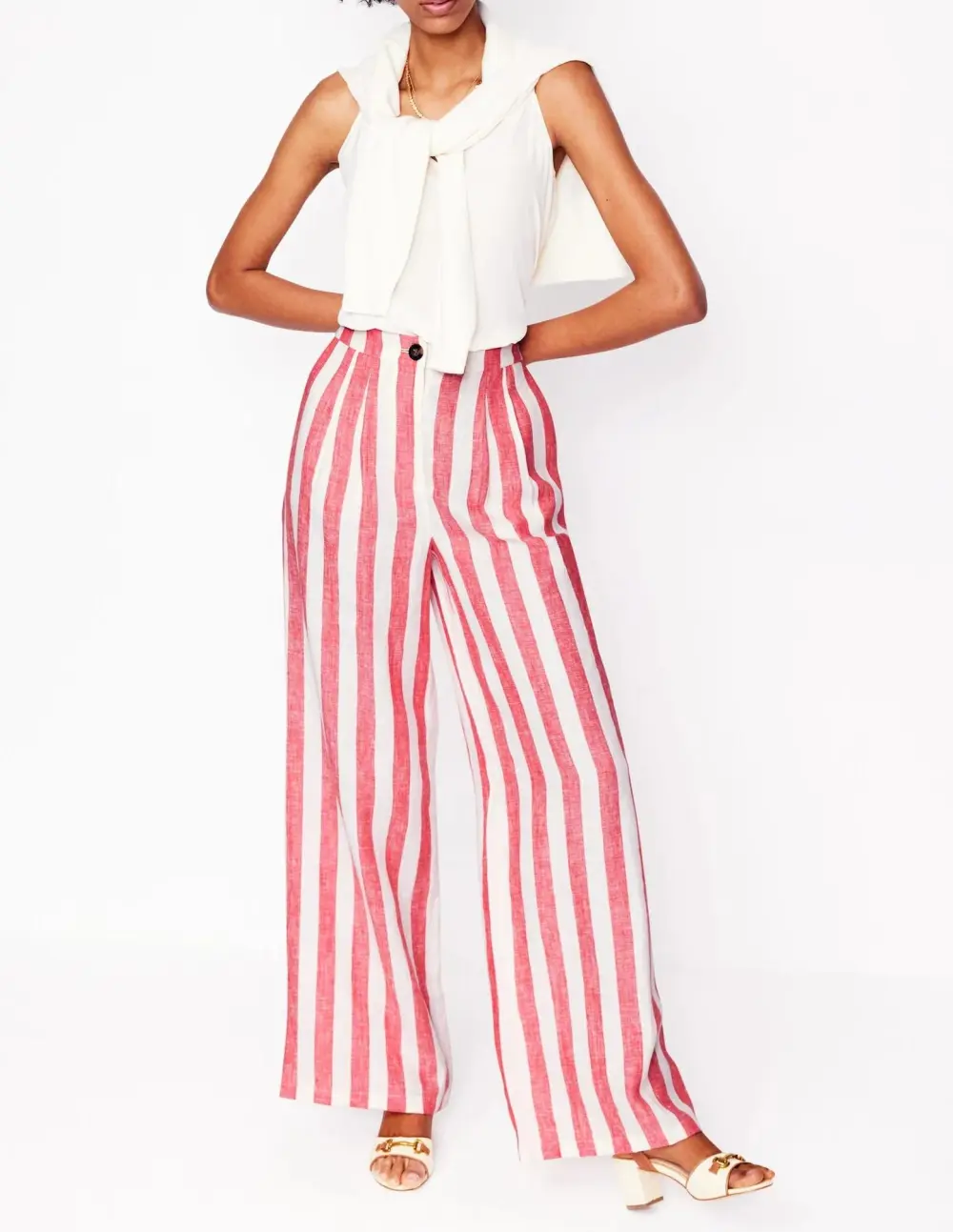 Pink and White Striped Wide - Leg Linen Pants