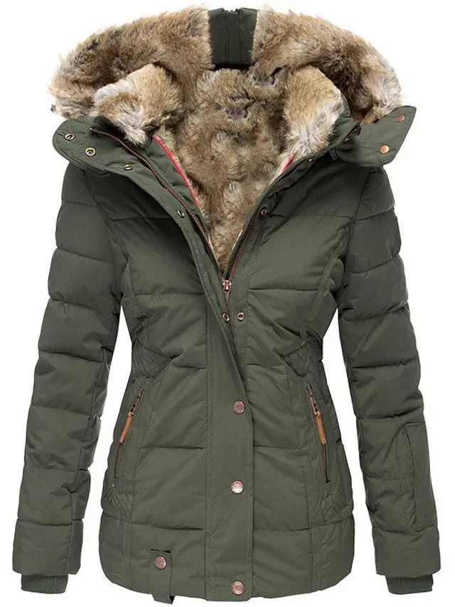 Women's Winter Parka Fleece Lined Puffer Jacket with Hood Pink Zipper Warm Coat with Pocket Active Comfortable Street Style Outerwear Long Sleeve