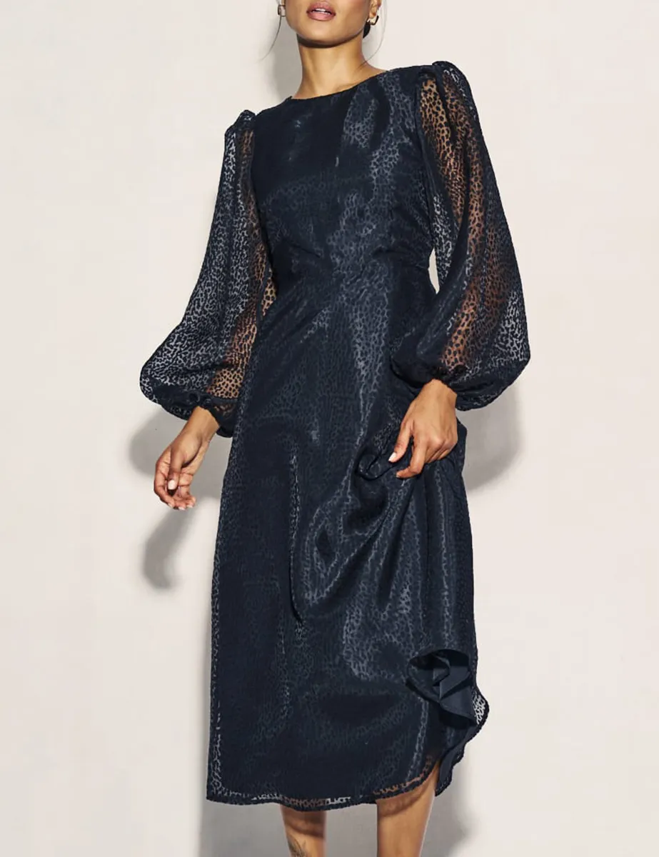 Black Organza Balloon Sleeve Midi Dress