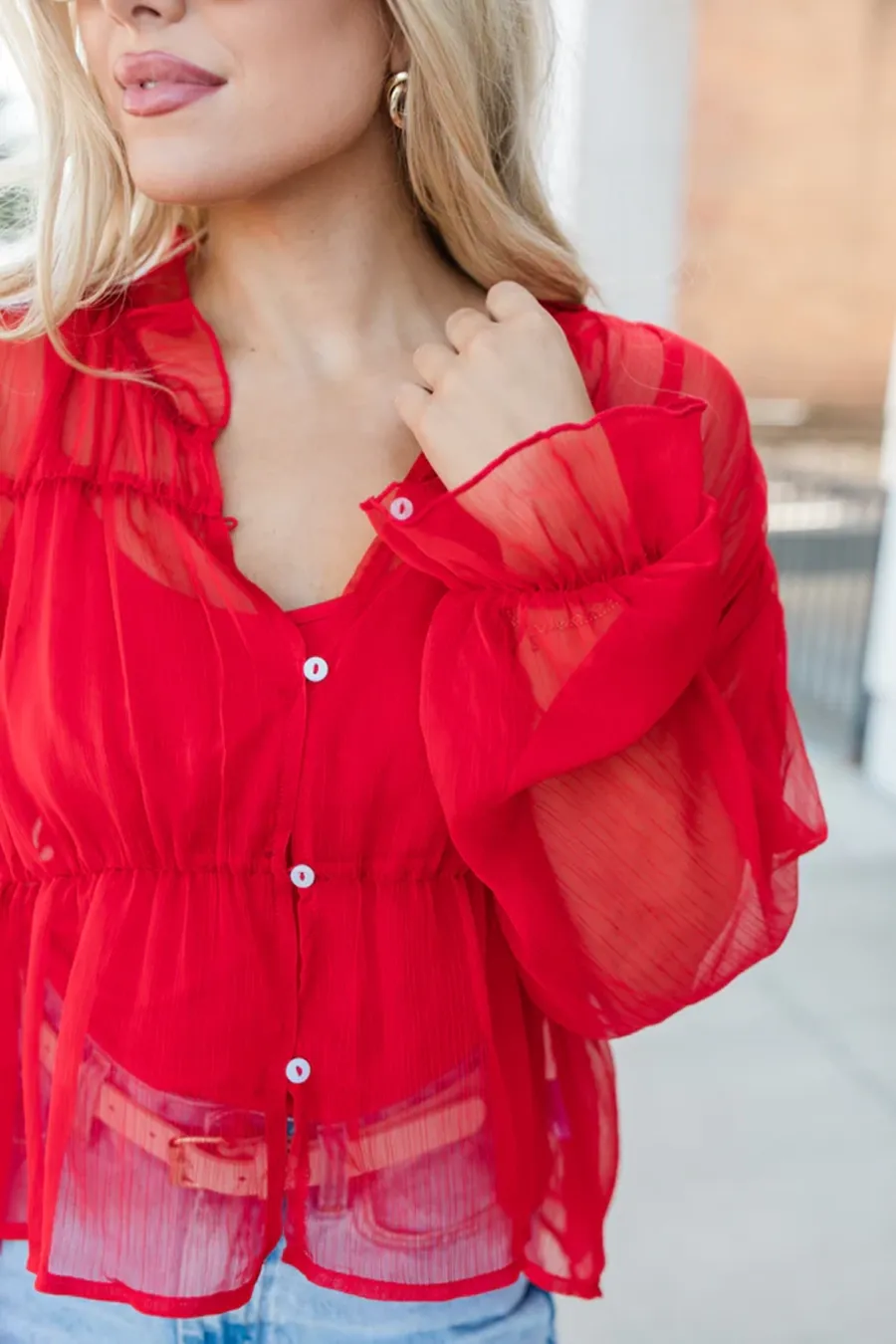 Red Sheer Ruched Blouse