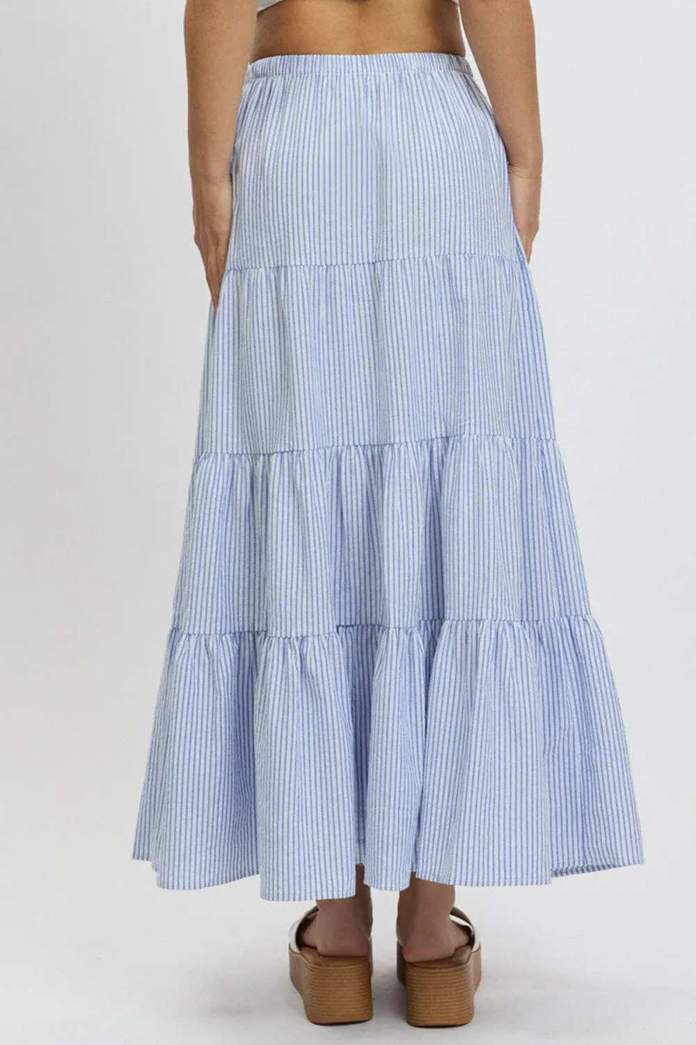 Blue Stripe Maxi Skirt Tiered High Rise Elastic Waistband