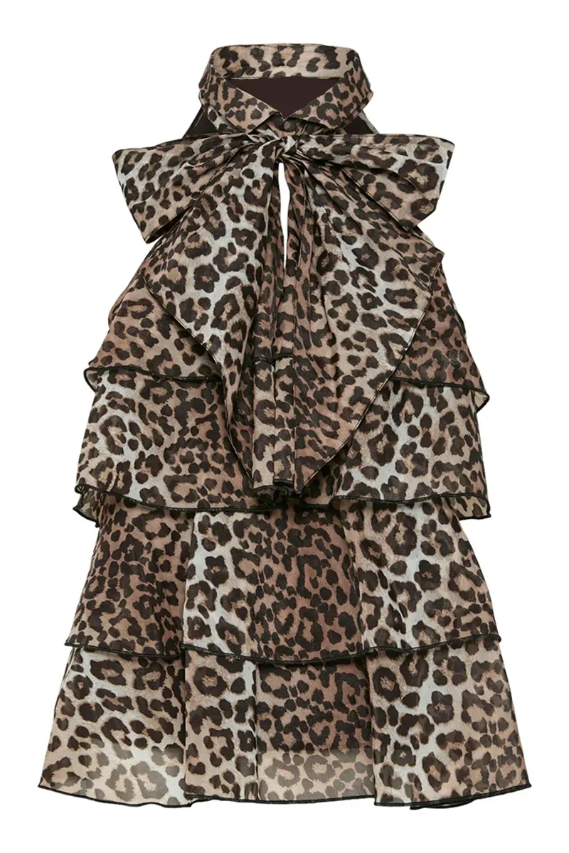 Leopard Tie Neck Tiered Halter Tops