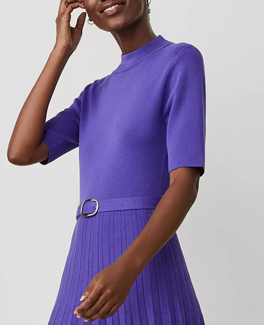 Mock Neck Belted Pleated Dress