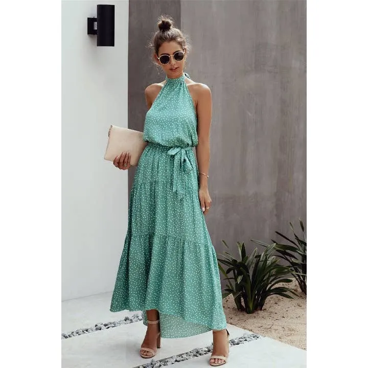 Tie Back Polka Dot Ruffle-Hem Halter Dress