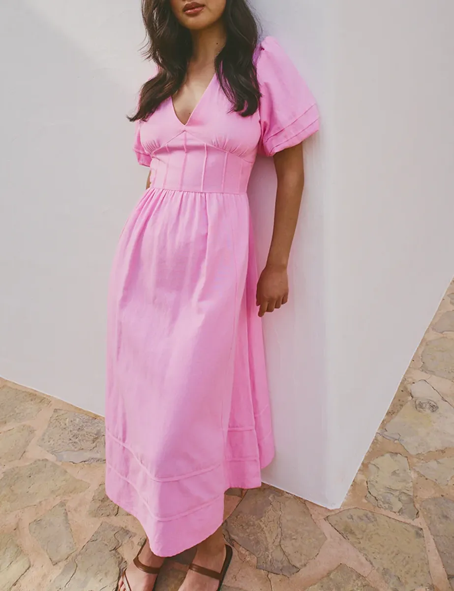 Pink V-Neck Puff Sleeve Midi Dress