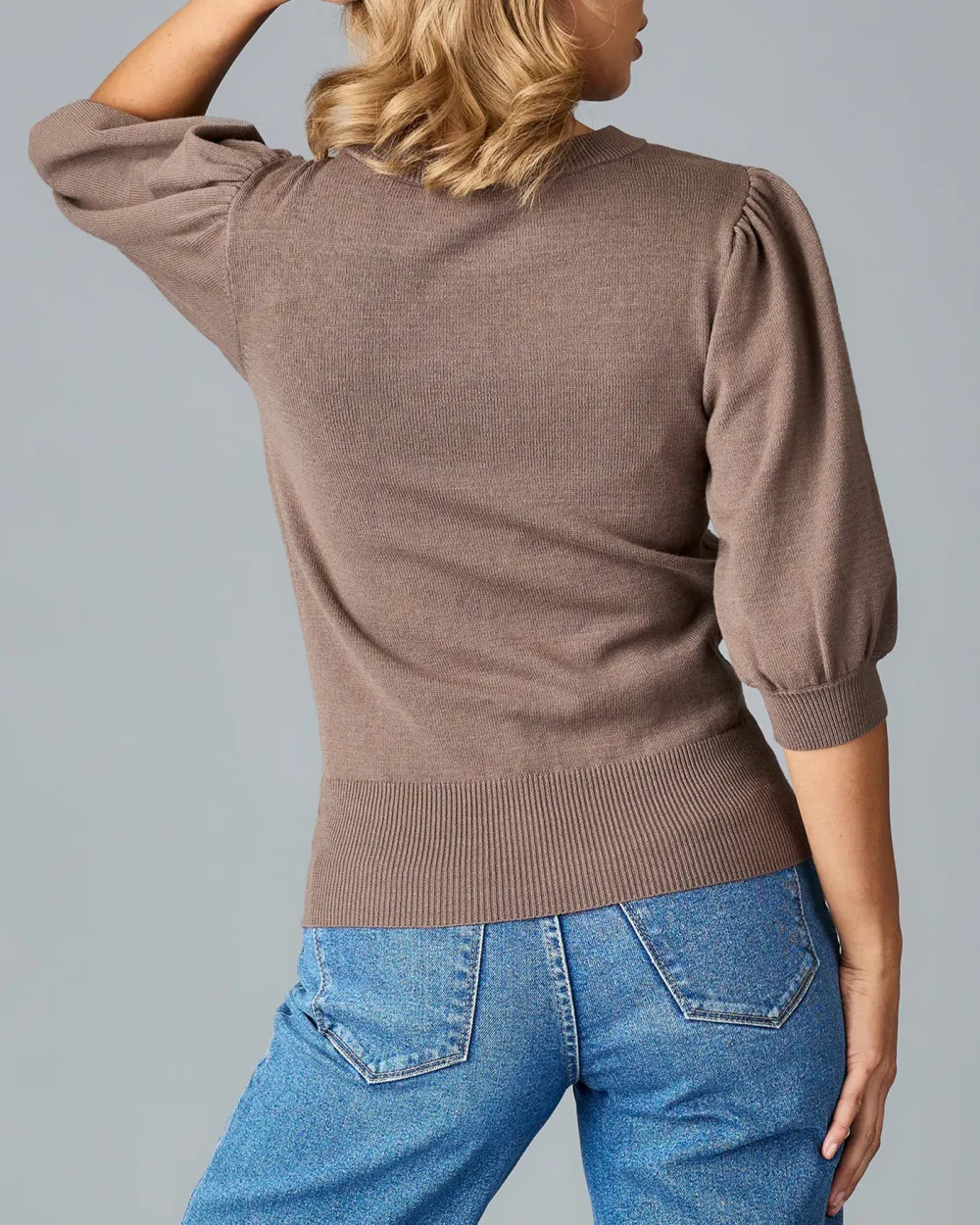 Puff Style Long Sleeves Brown Sweater
