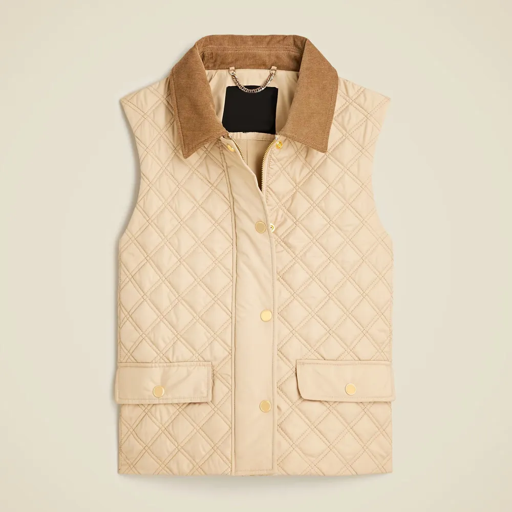 Corduroy-trim Quilted Vest In Green