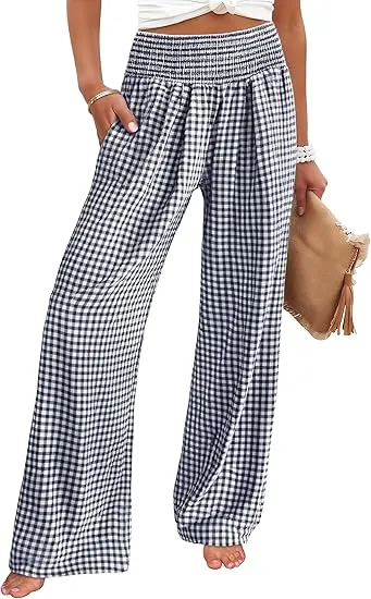 Women's High Waisted Plaid Wide Leg Pants - Lounge Pajama with Pockets