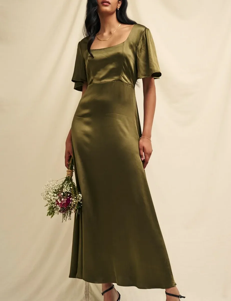 Olive Satin Square Neck Maxi Dress