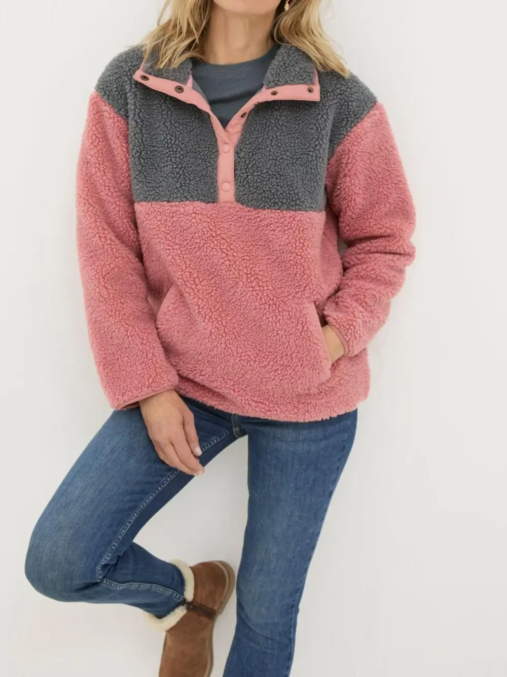 Pink Half Neck Quarter Button Fleece