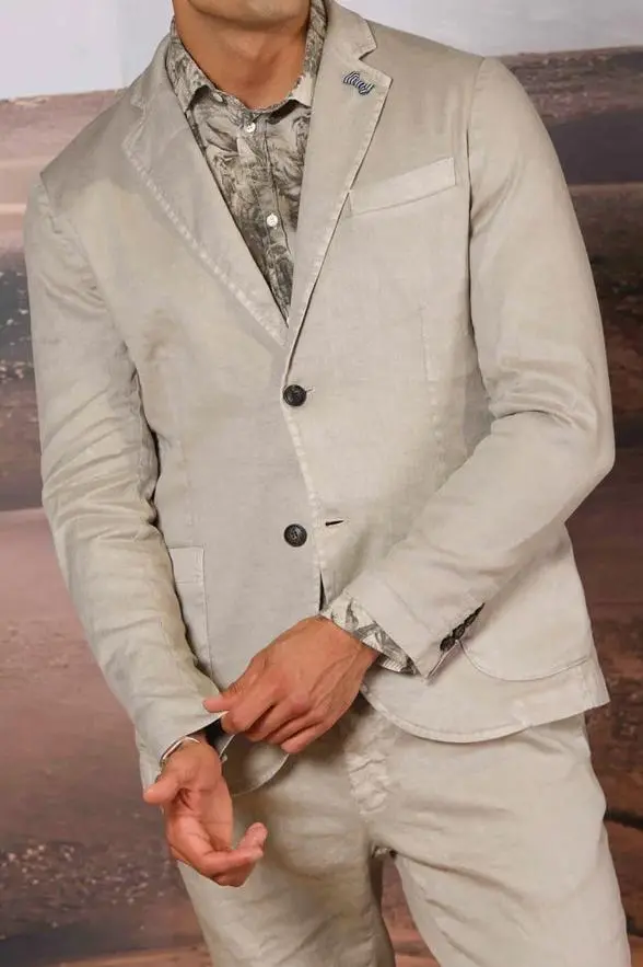 Light Beige Men's Cotton and Linen Twill Suit Jacket