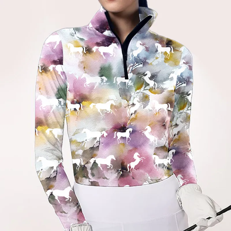 Four Seasons Women's Equestrian Style Horse Print Long Sleeve Casual Shirt