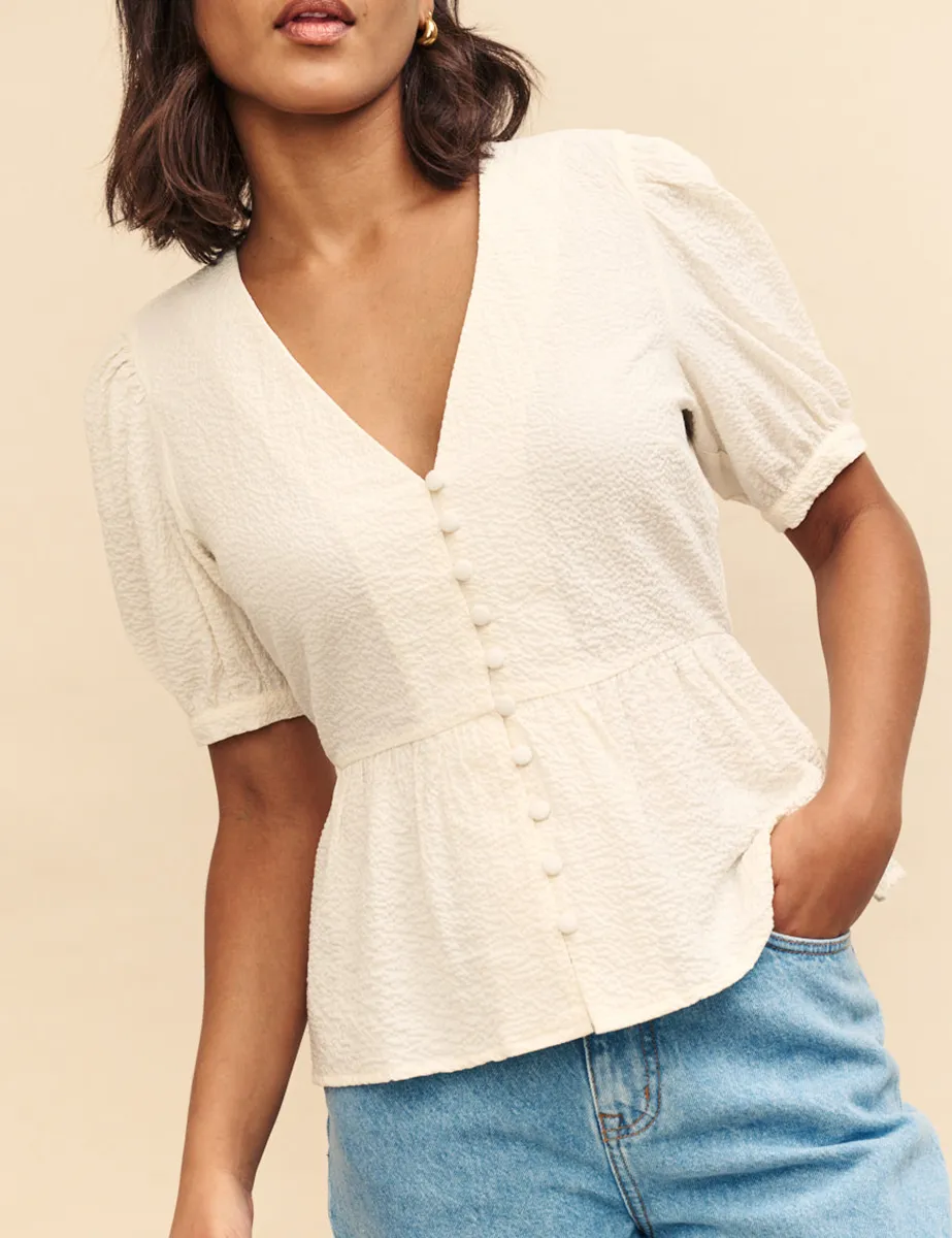 White V-Neck Button Blouse