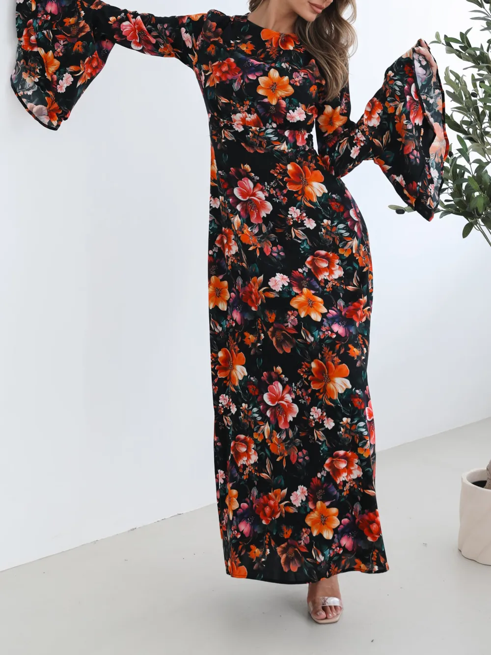 Black Straight Neckline Floral Dress