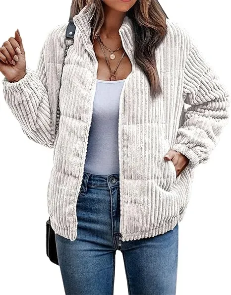 Women's Bomber Jacket Corduroy Ribbed Quilted Zip Up Long Sleeve Winter Coat