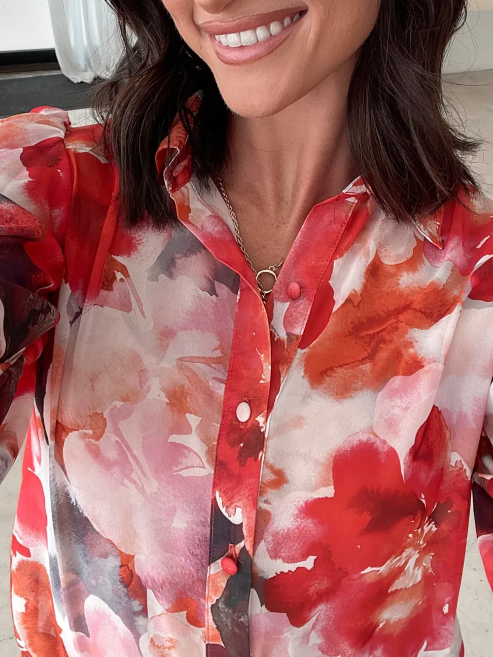 Casual Style Crimson Floral Fleet Blouse