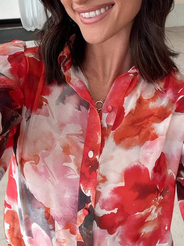 Casual Style Crimson Floral Fleet Blouse