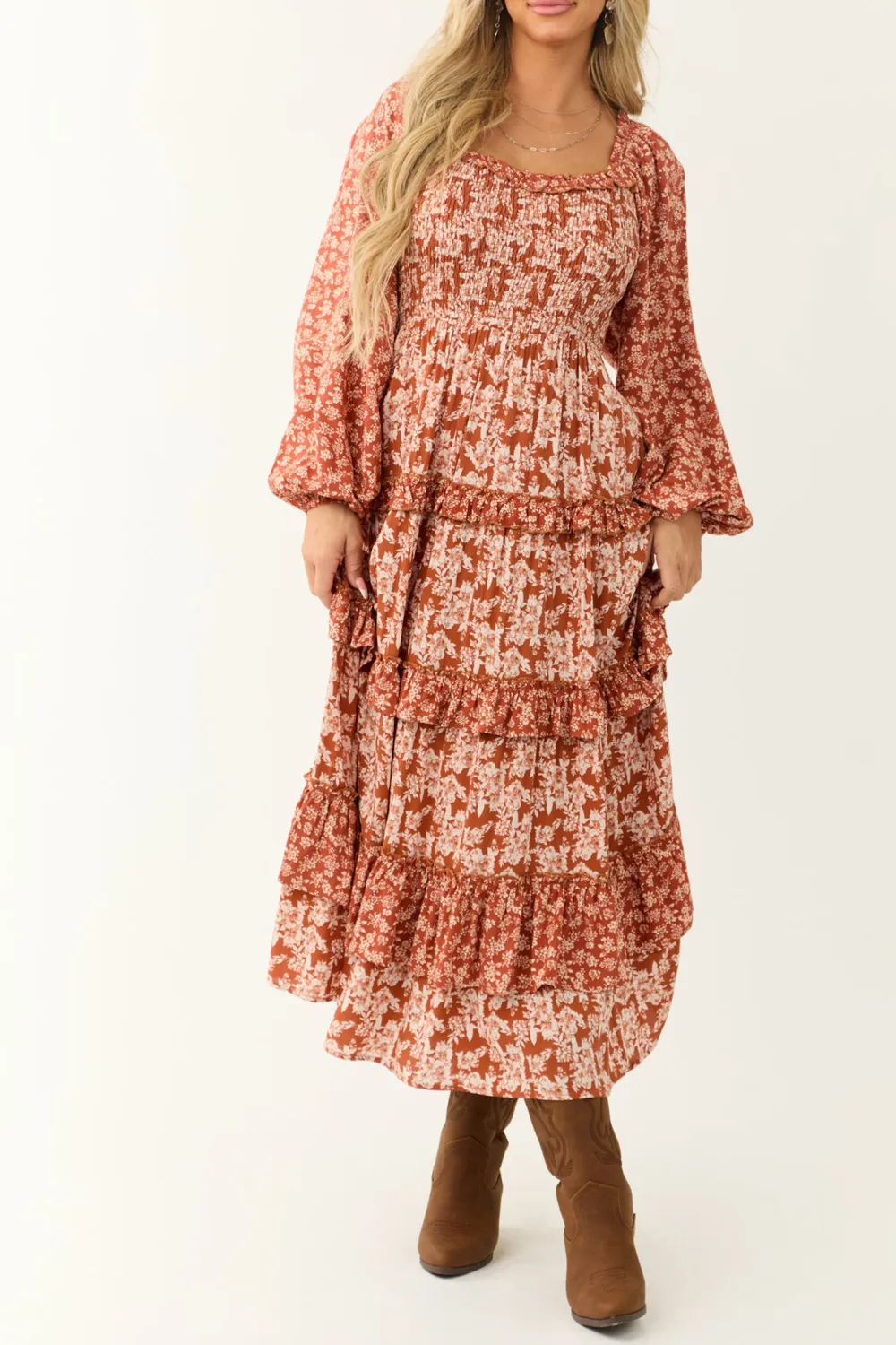 Rust Floral Print Tiered Ruffle Maxi Dress