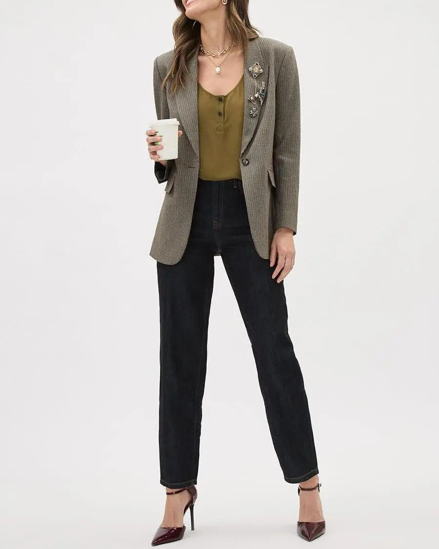 Oversized One-Button Houndstooth Blazer
