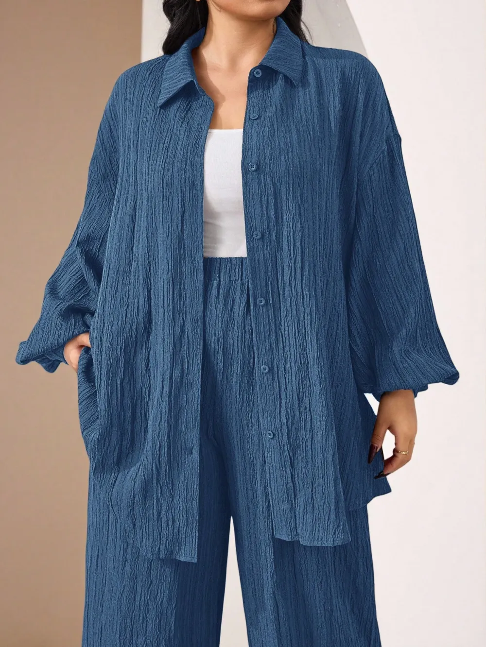 Women's Plus Size Plain Button-Up 2pc Set