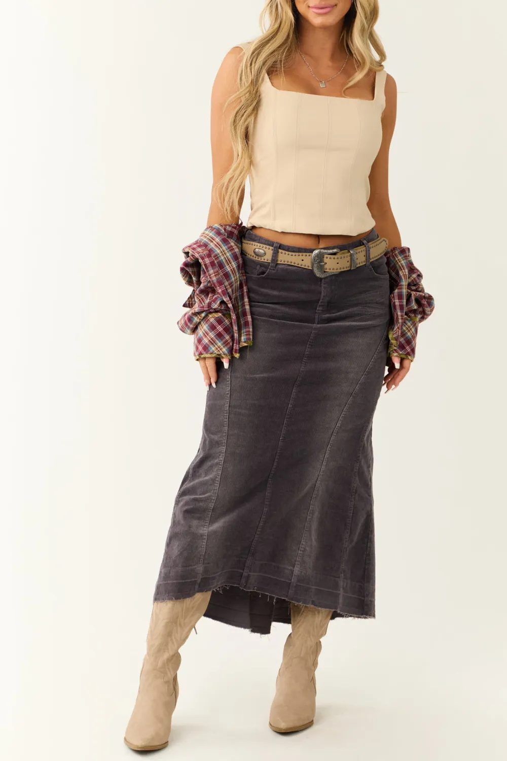 Quartz Corduroy Textured High Low Maxi Skirt