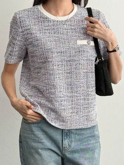 Patchwork Pocket Crew Neck Top