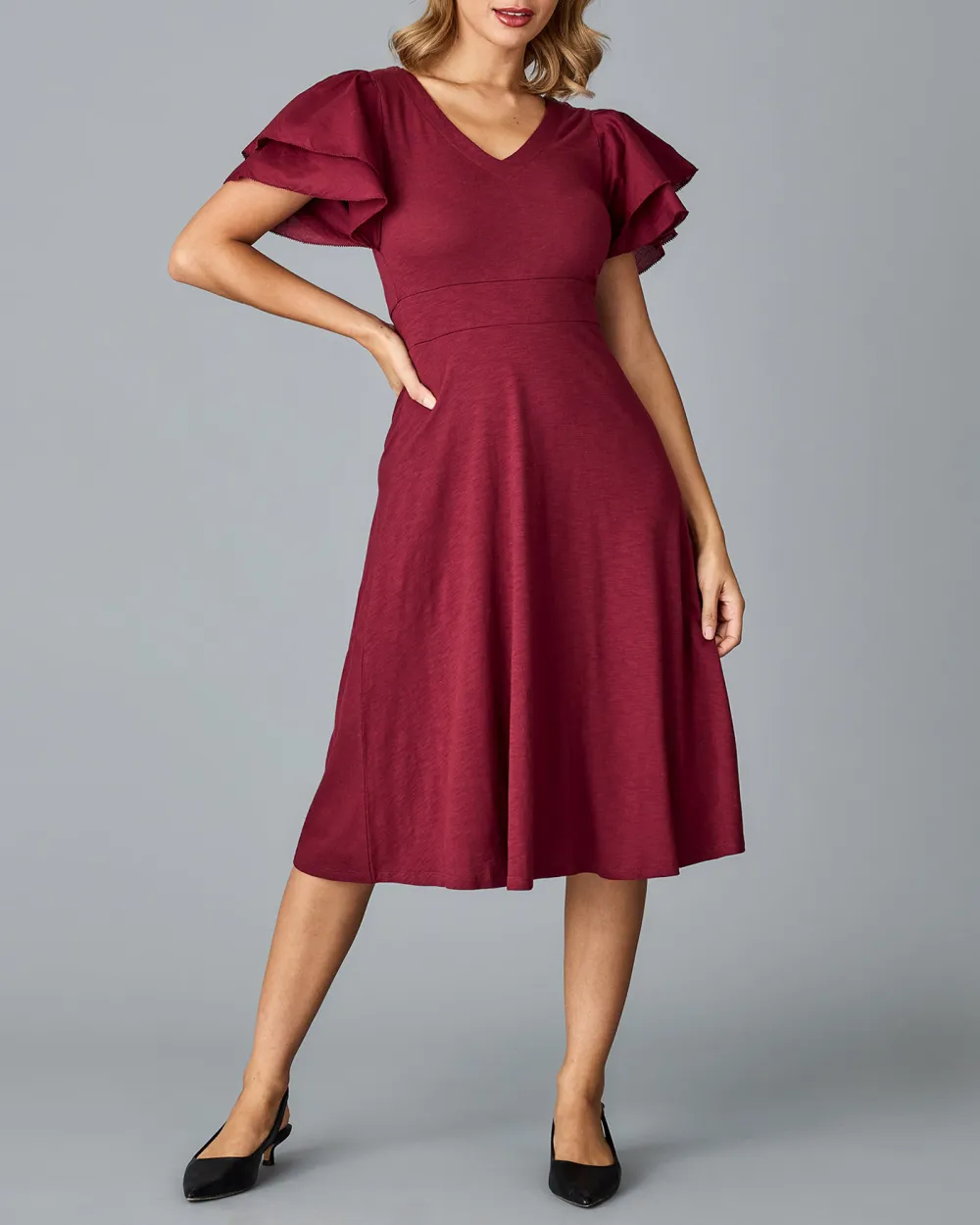 V Neck Flutter Sleeves Midi Dress