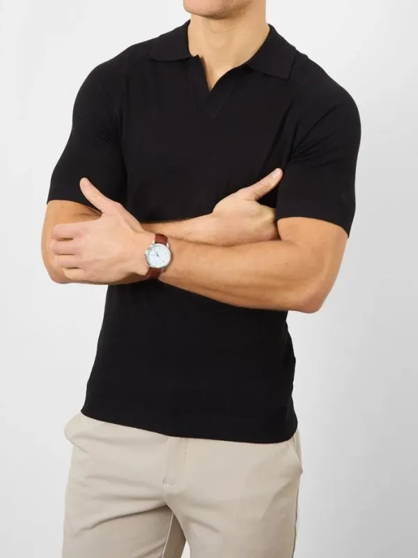 Black Soft Simple Open Polo Shirt