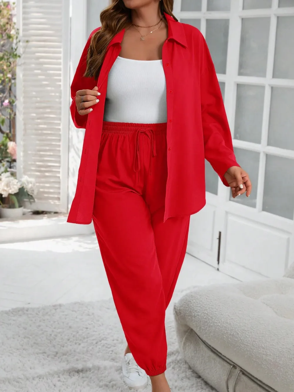 Women's Plus Size Fall-Winter Brown Drawstring Pants Suit